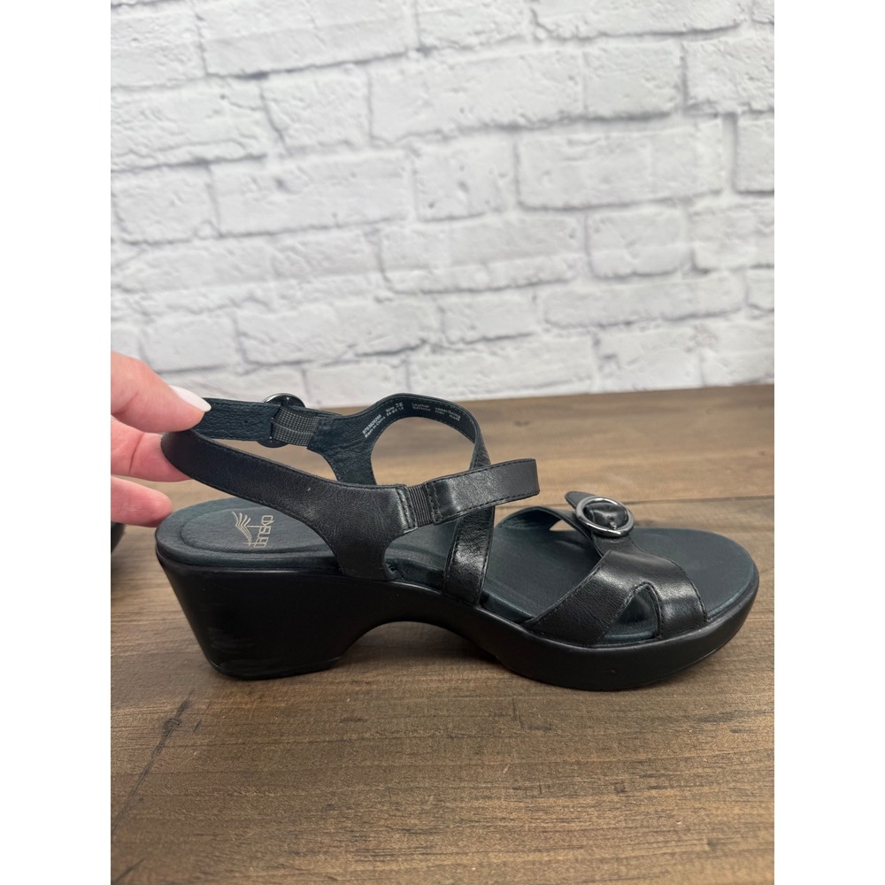 Dansko Black Leather Strappy Wedge Sandals Buckle Comfort Shoes Womens Size 38 - Picture 8 of 12